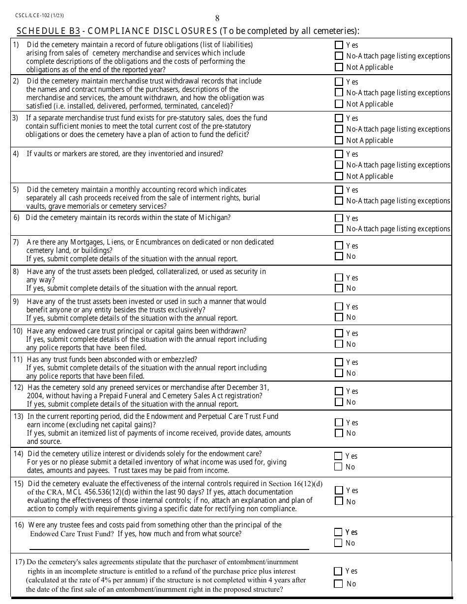 Form CSCL / LCE-102 Cemetery Annual Report - Michigan, Page 8