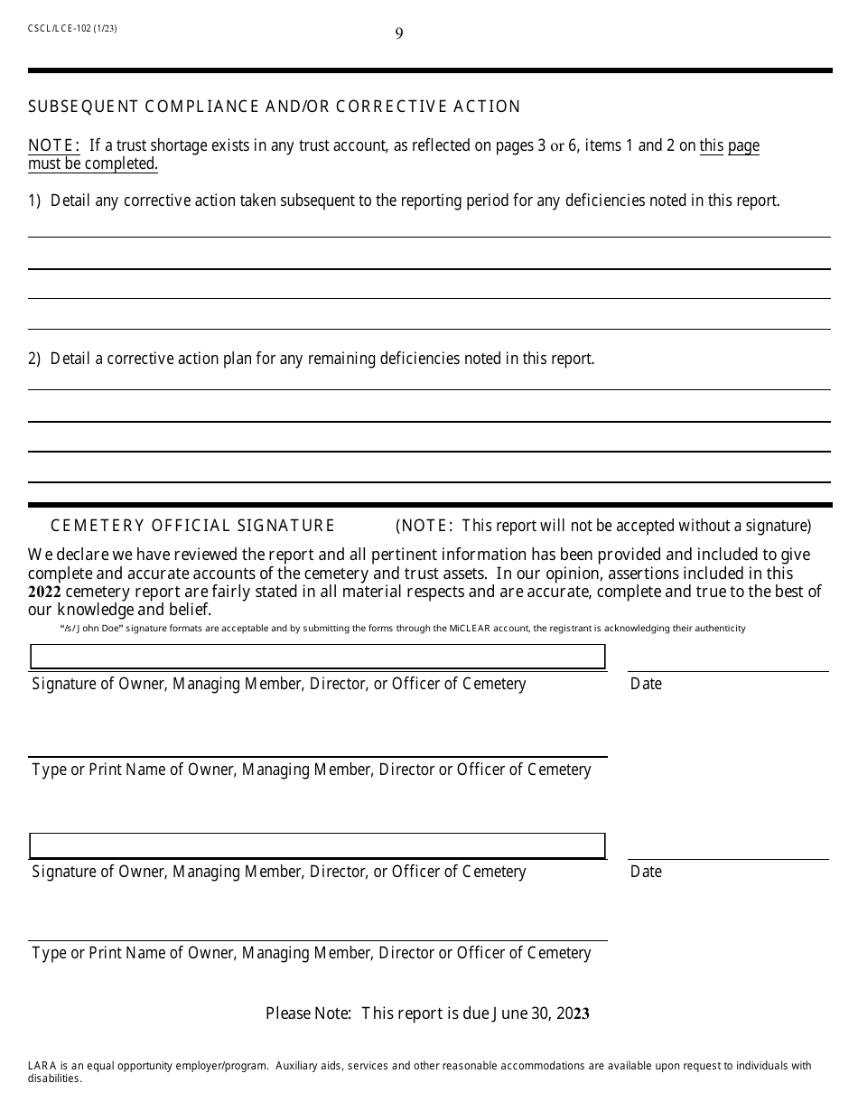 Form CSCL / LCE-102 Cemetery Annual Report - Michigan, Page 9