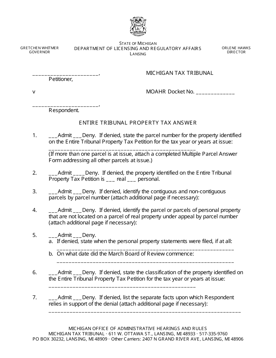 Michigan Entire Tribunal Property Tax Answer - Fill Out, Sign Online ...