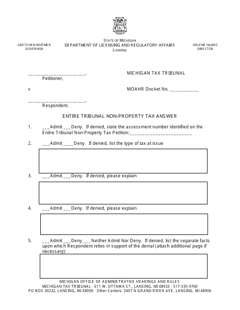 Michigan Entire Tribunal Non-property Tax Answer Download Fillable PDF ...