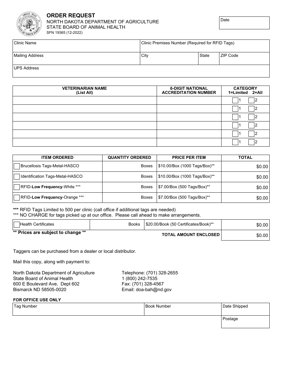 Form SFN19365 Order Request - North Dakota, Page 1