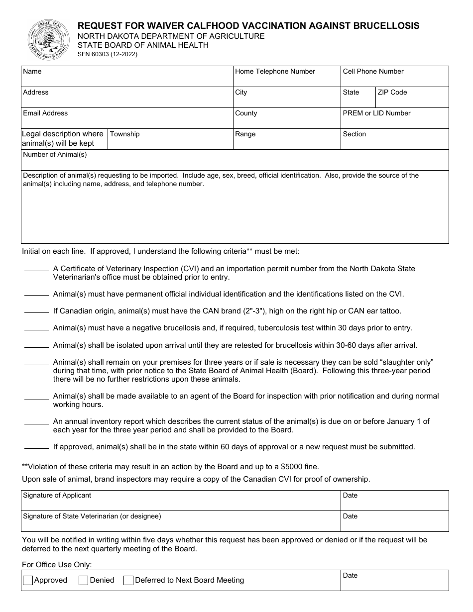 Form SFN60303 Request for Waiver Calfhood Vaccination Against Brucellosis - North Dakota, Page 1