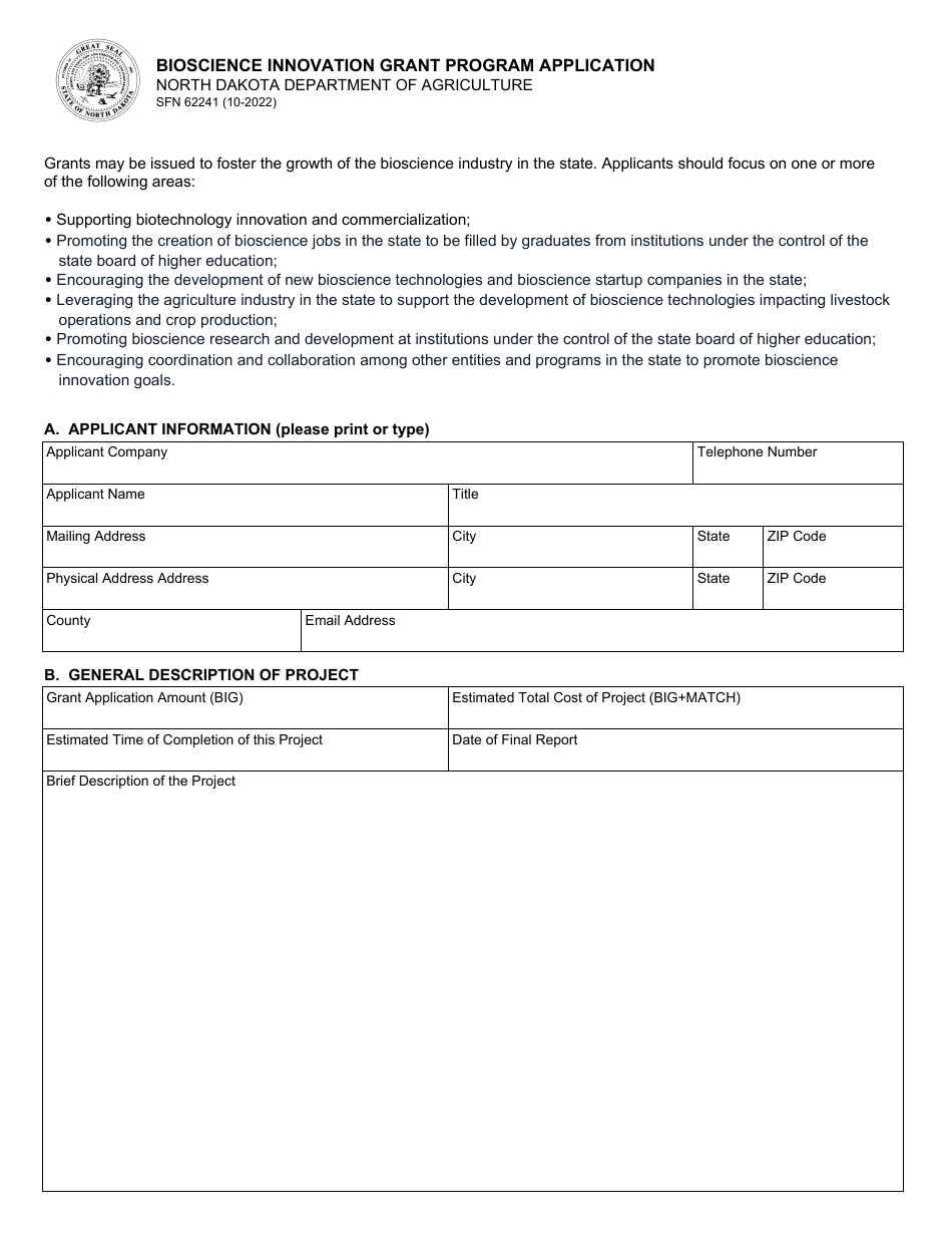 Form SFN62241 Bioscience Innovation Grant Program Application - North Dakota, Page 1