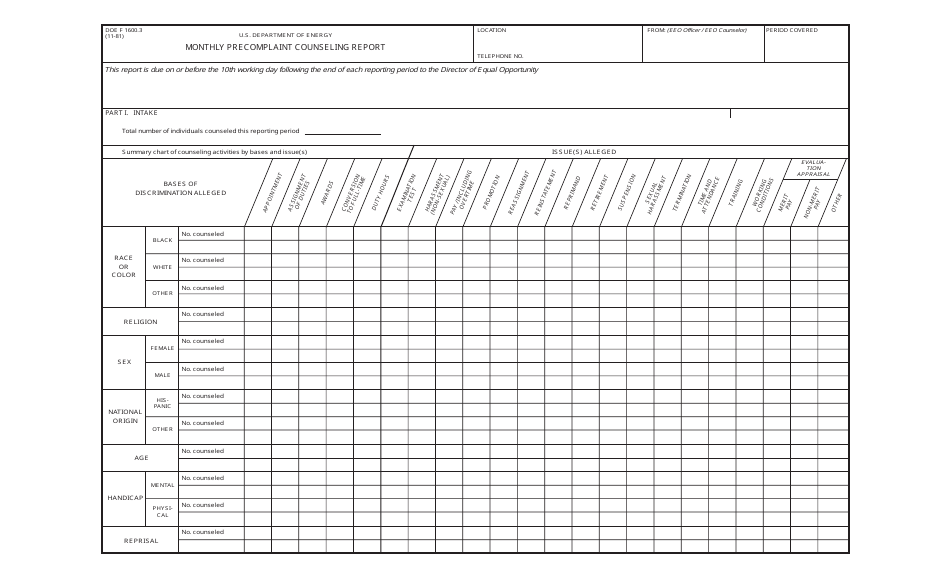 DOE Form 1600.3 Monthly Precomplaint Counseling Report, Page 1