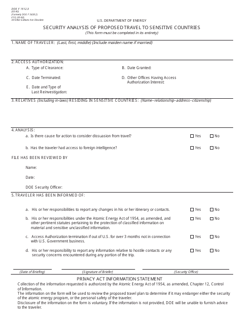 Form DOE F1512.3 Security Analysis of Proposed Travel to Sensitive Countries