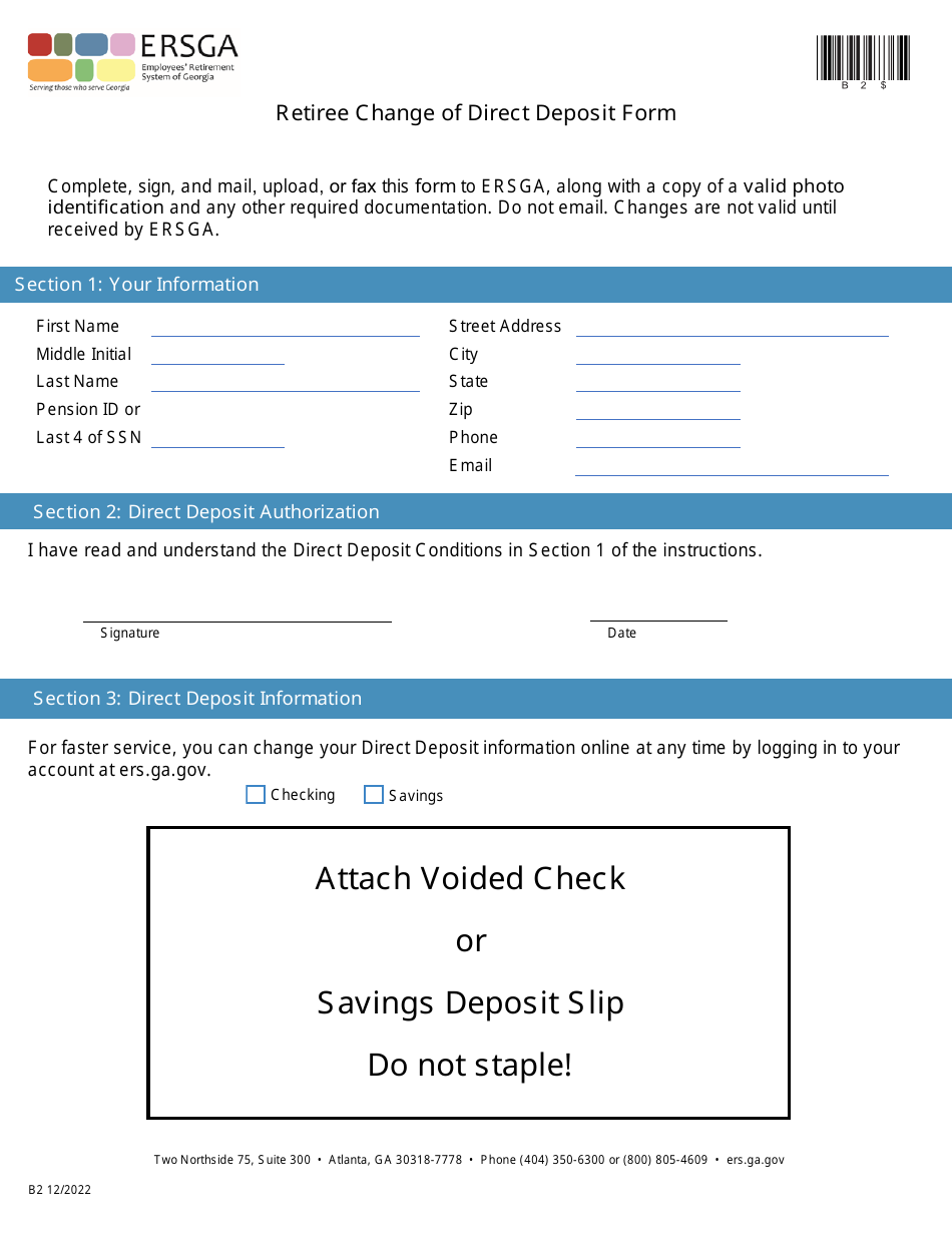 Form B2 Retiree Change of Direct Deposit Form - Georgia (United States), Page 2
