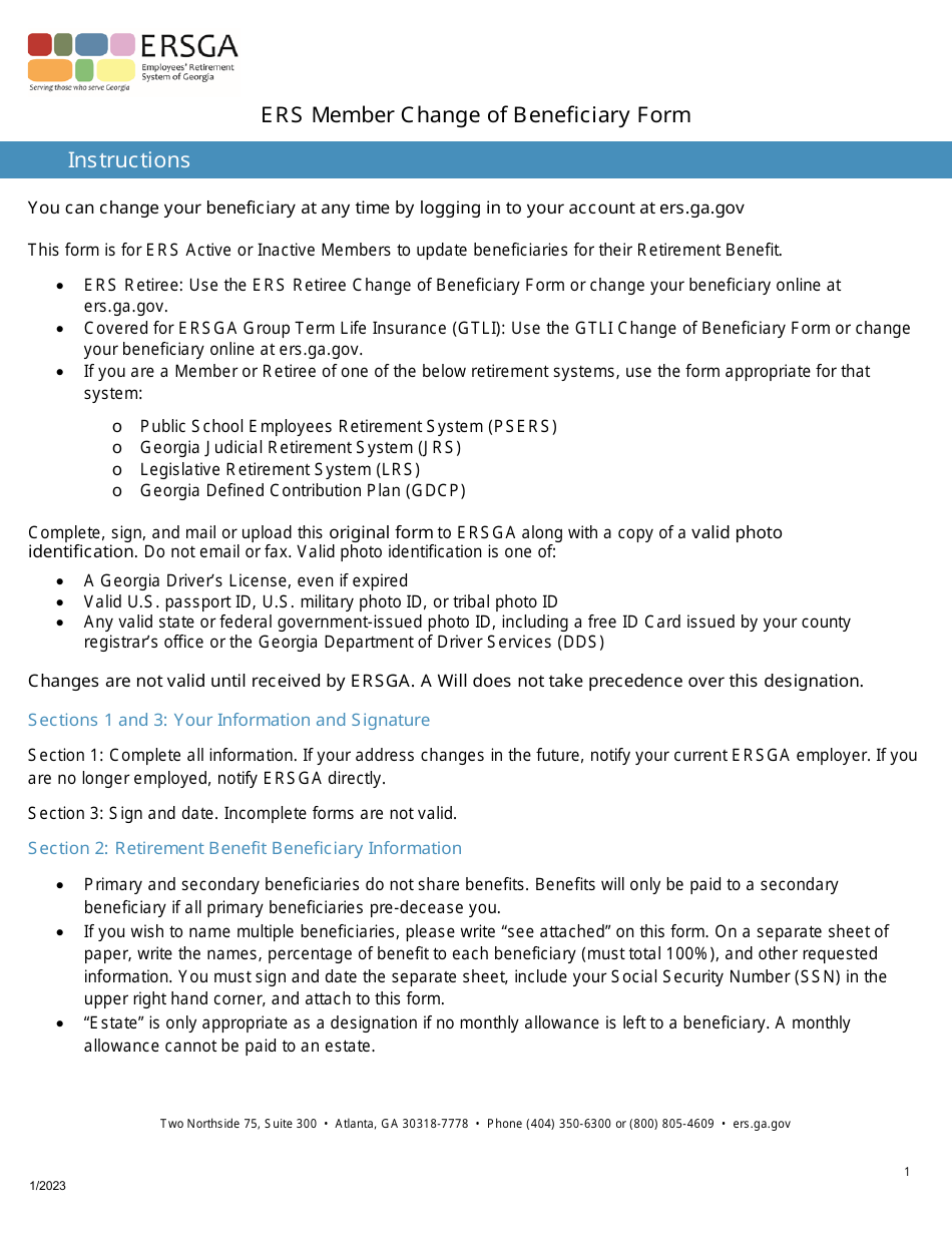 Form B9-ERS Ers Member Change of Beneficiary Form - Georgia (United States), Page 1