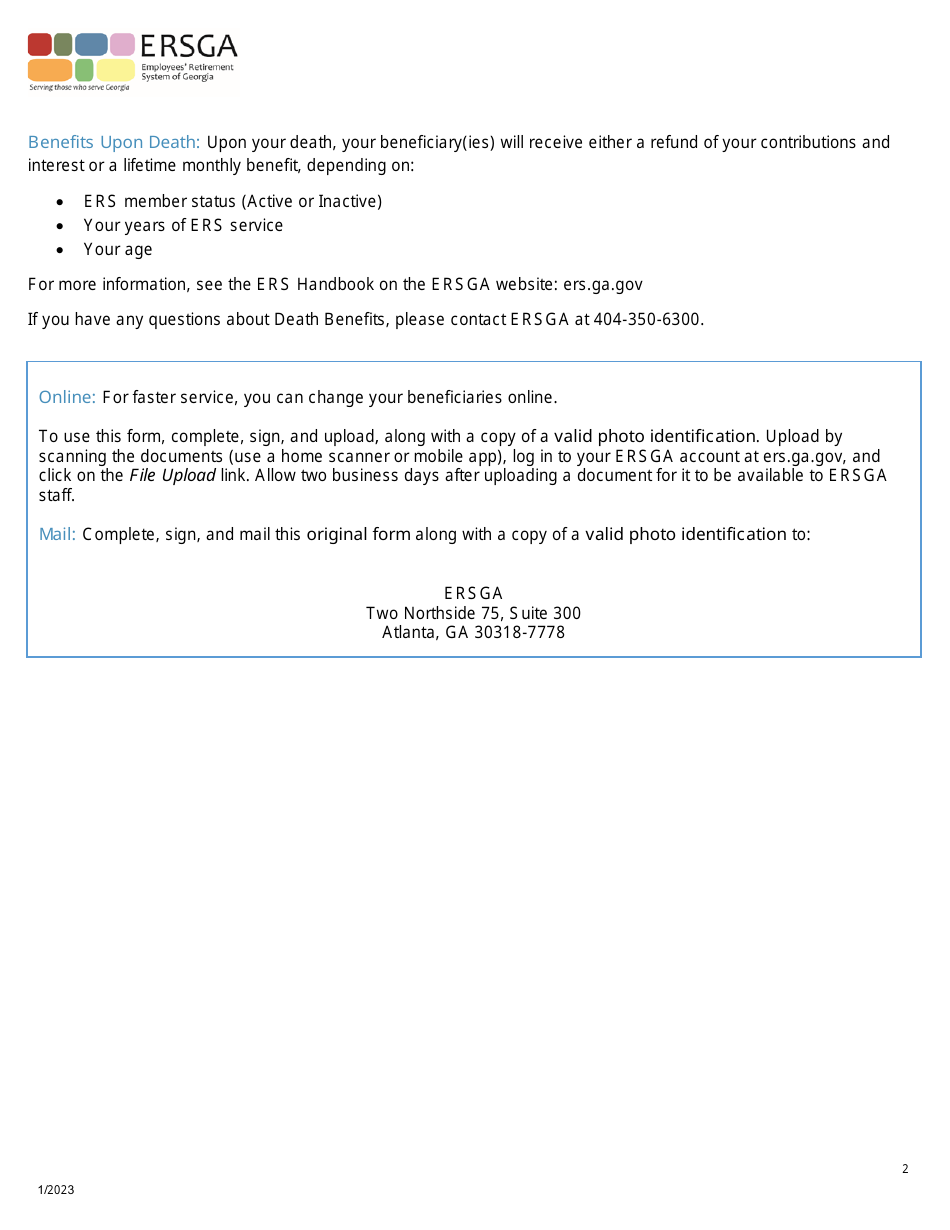 Form B9-ERS Ers Member Change of Beneficiary Form - Georgia (United States), Page 2