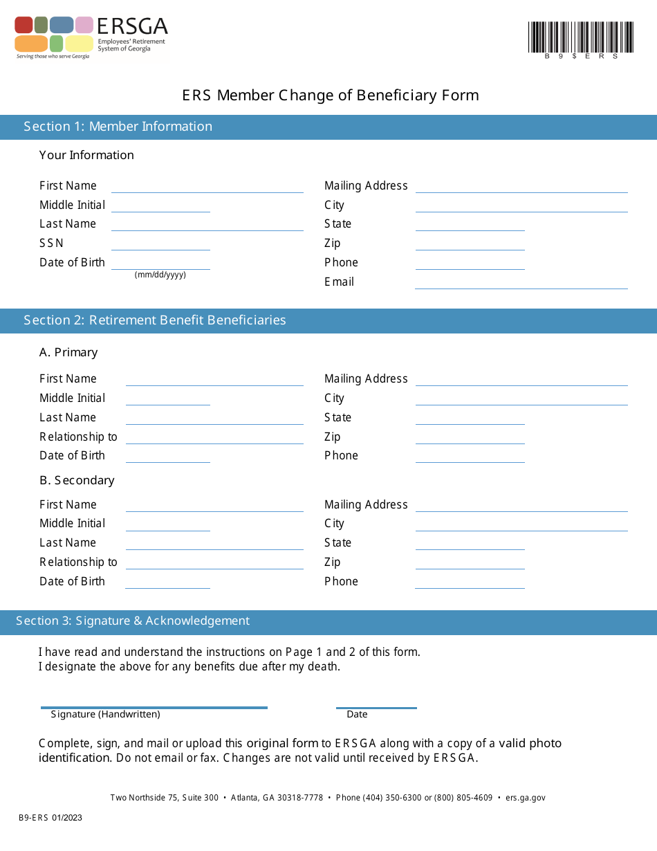 Form B9-ERS Ers Member Change of Beneficiary Form - Georgia (United States), Page 3