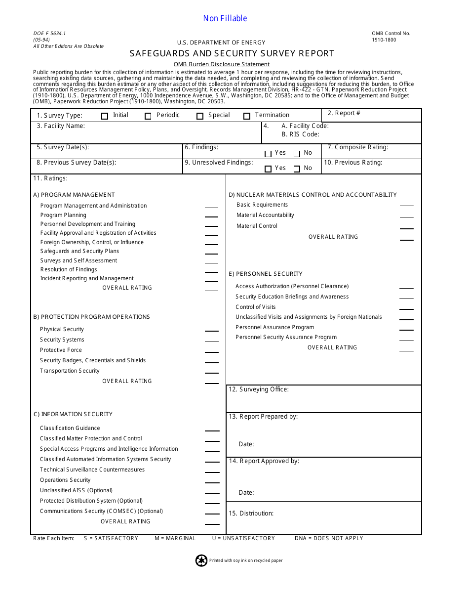 Form DOE F5634.1 Safeguards and Security Survey Report, Page 1