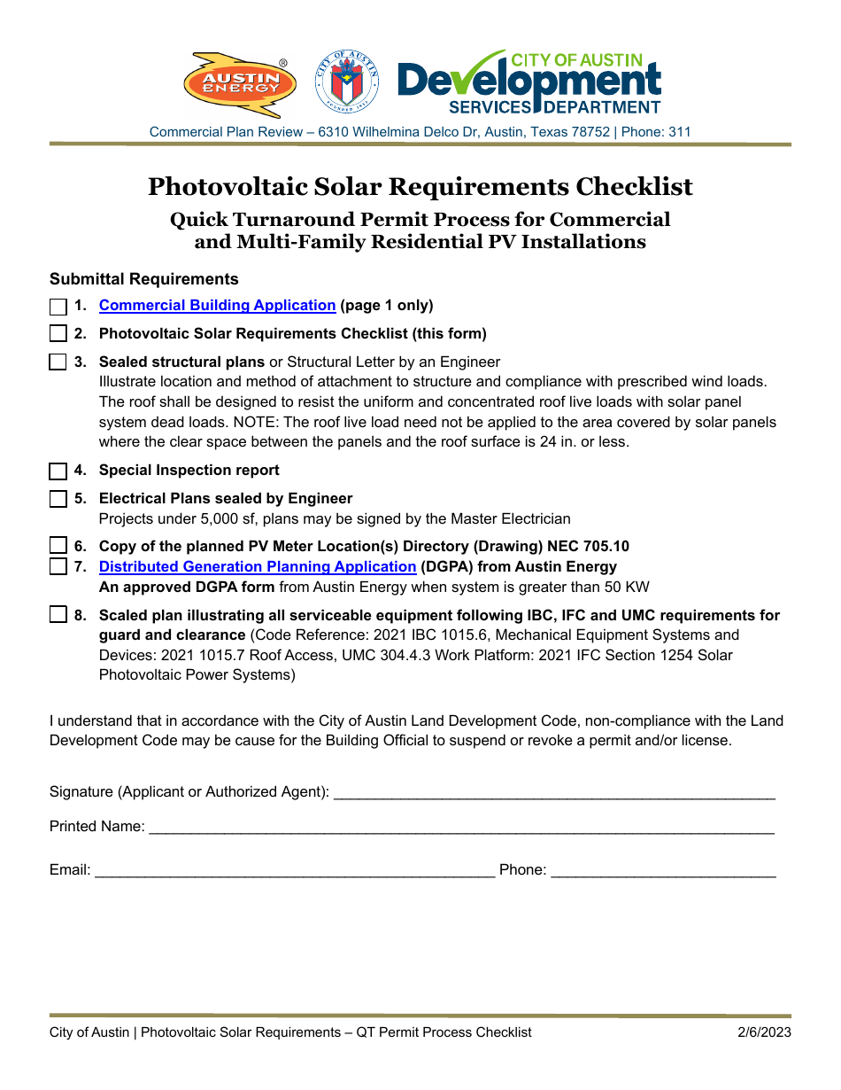 Photovoltaic Solar Requirements Checklist - Quick Turnaround Permit Process for Commercial and Multi-Family Residential Pv Installations - City of Austin, Texas, Page 1