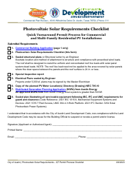Document preview: Photovoltaic Solar Requirements Checklist - Quick Turnaround Permit Process for Commercial and Multi-Family Residential Pv Installations - City of Austin, Texas