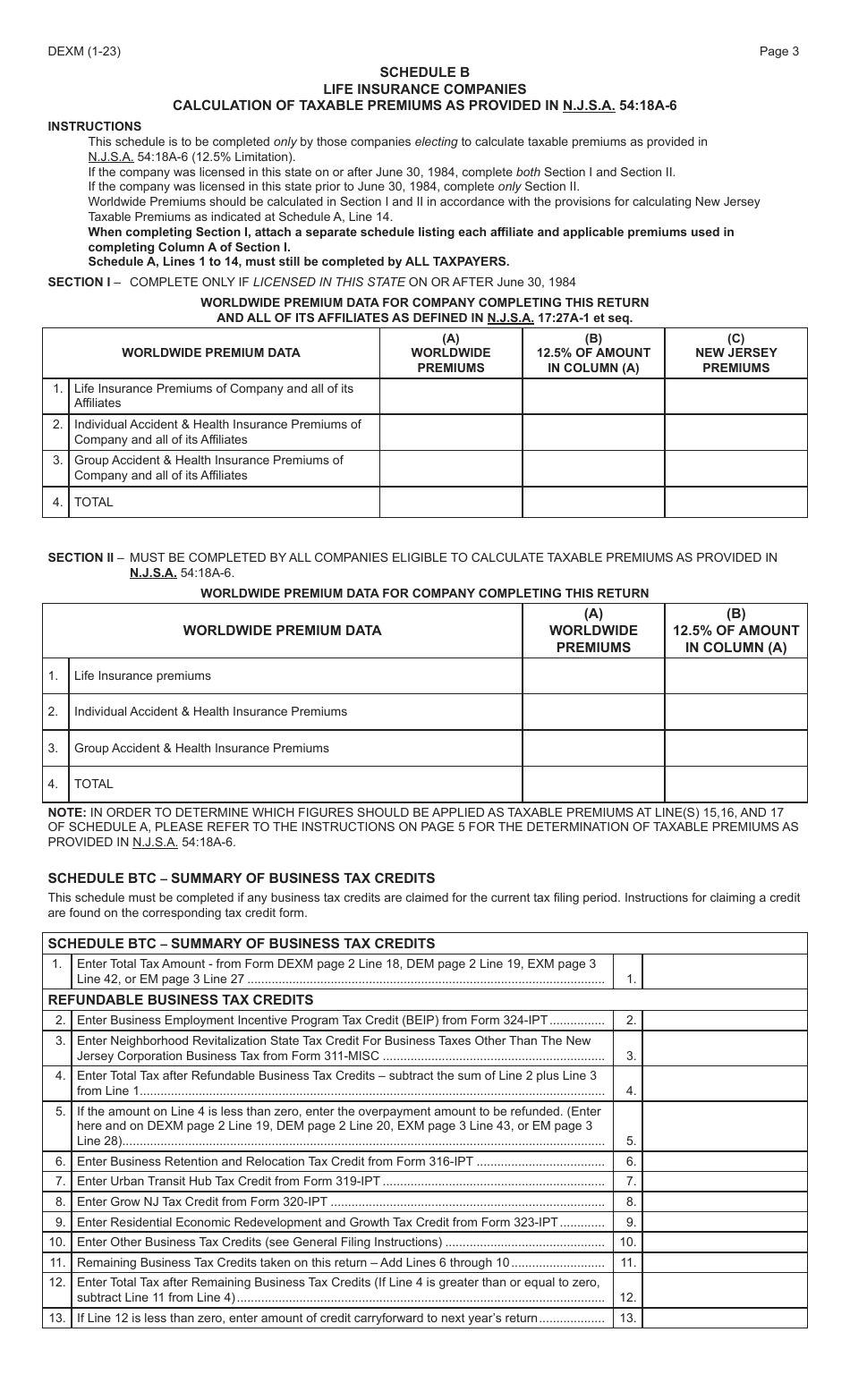 Form DEXM Domestic Companies Insurance Premium Tax Return - New Jersey, Page 3