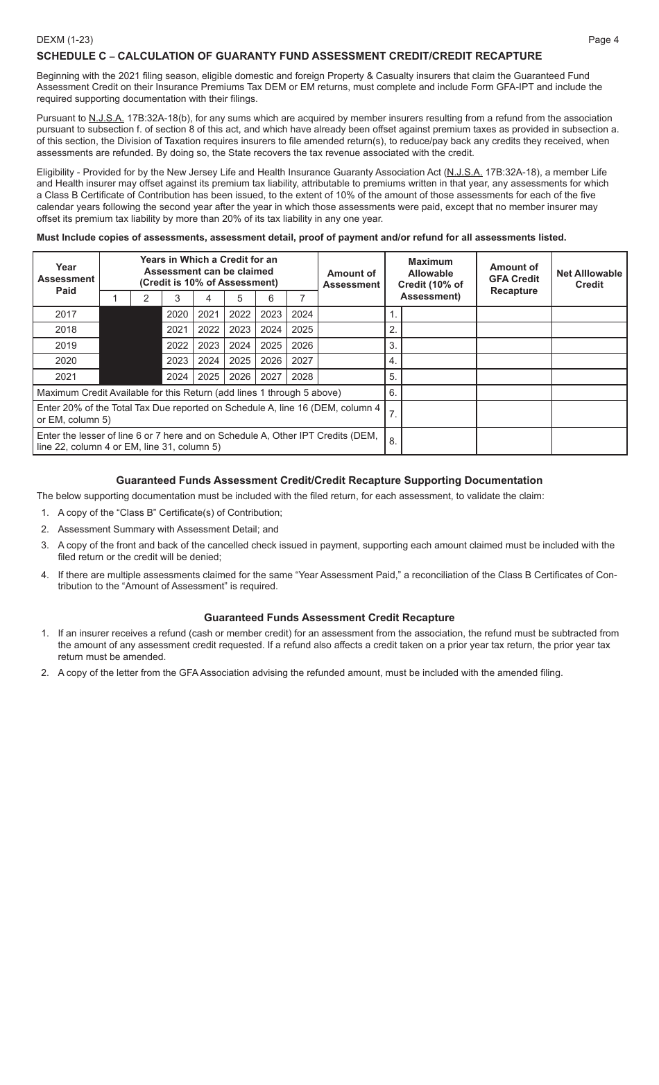 Form DEXM Domestic Companies Insurance Premium Tax Return - New Jersey, Page 4