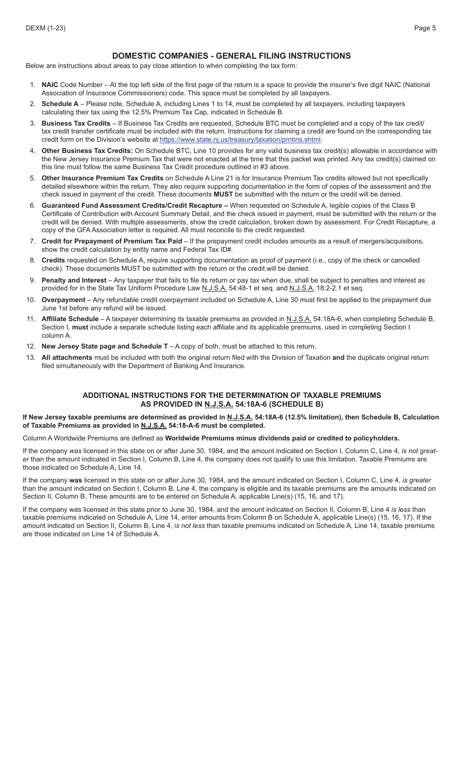 Form DEXM Domestic Companies Insurance Premium Tax Return - New Jersey, Page 5