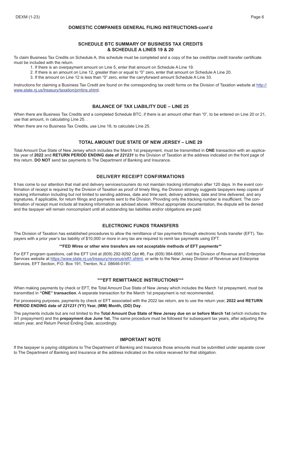 Form DEXM Domestic Companies Insurance Premium Tax Return - New Jersey, Page 6
