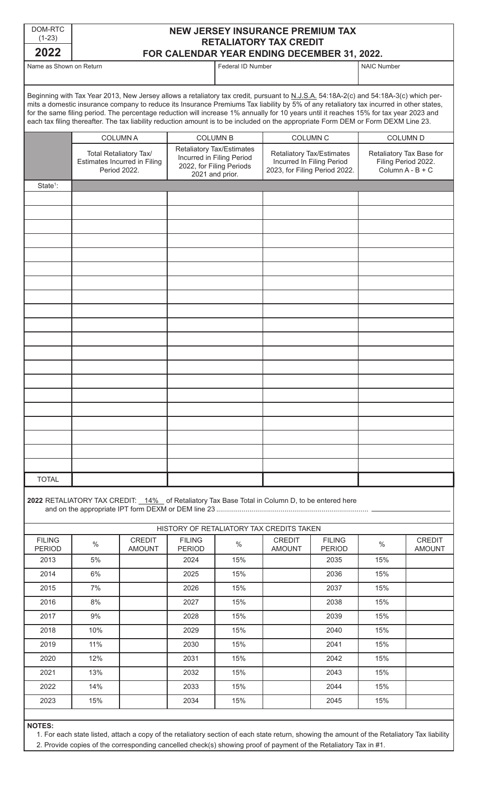 Form DOM-RTC Retaliatory Tax Credit - New Jersey, Page 1