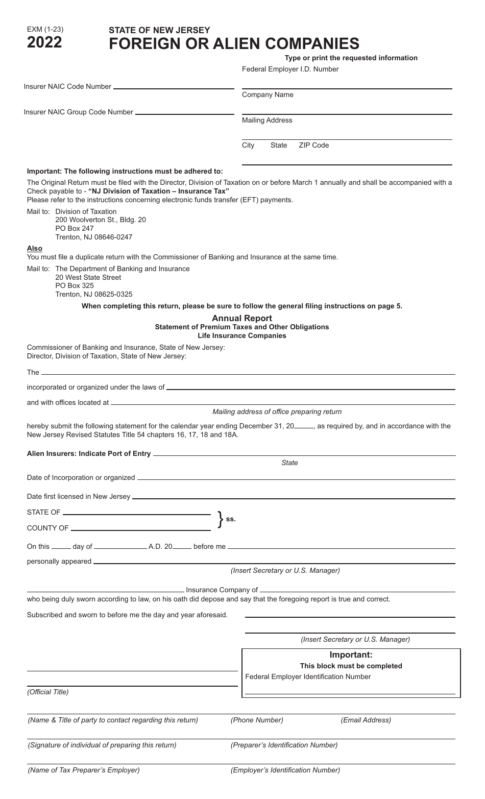 Form EXM Foreign or Alien Companies Insurance Premiums Tax Return - New Jersey, Page 1