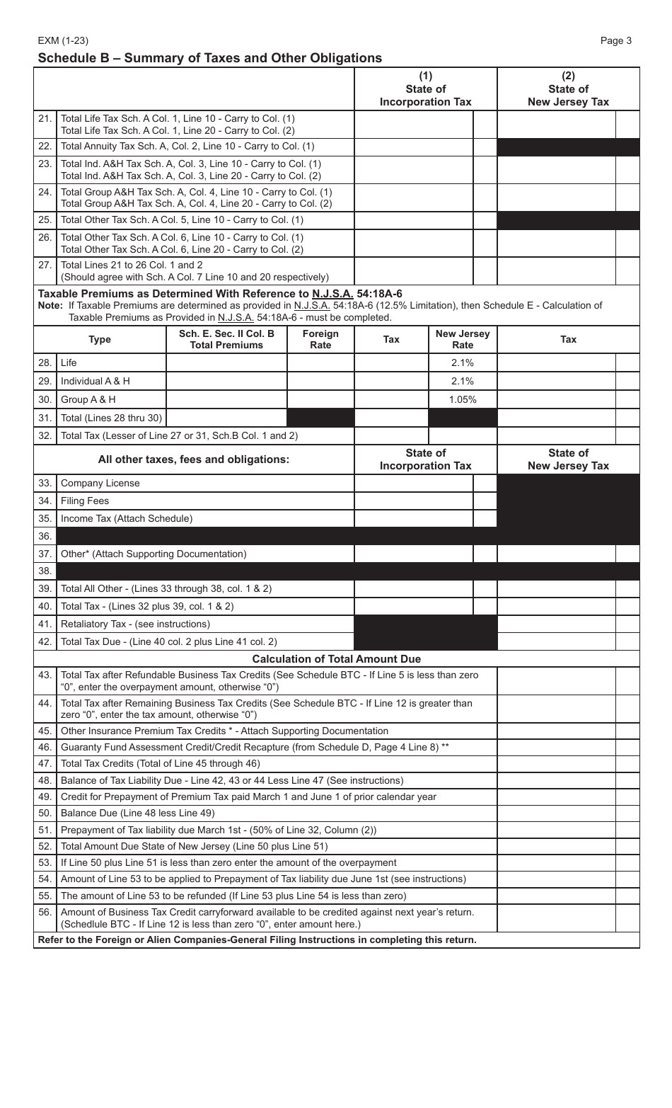 Form EXM Foreign or Alien Companies Insurance Premiums Tax Return - New Jersey, Page 3