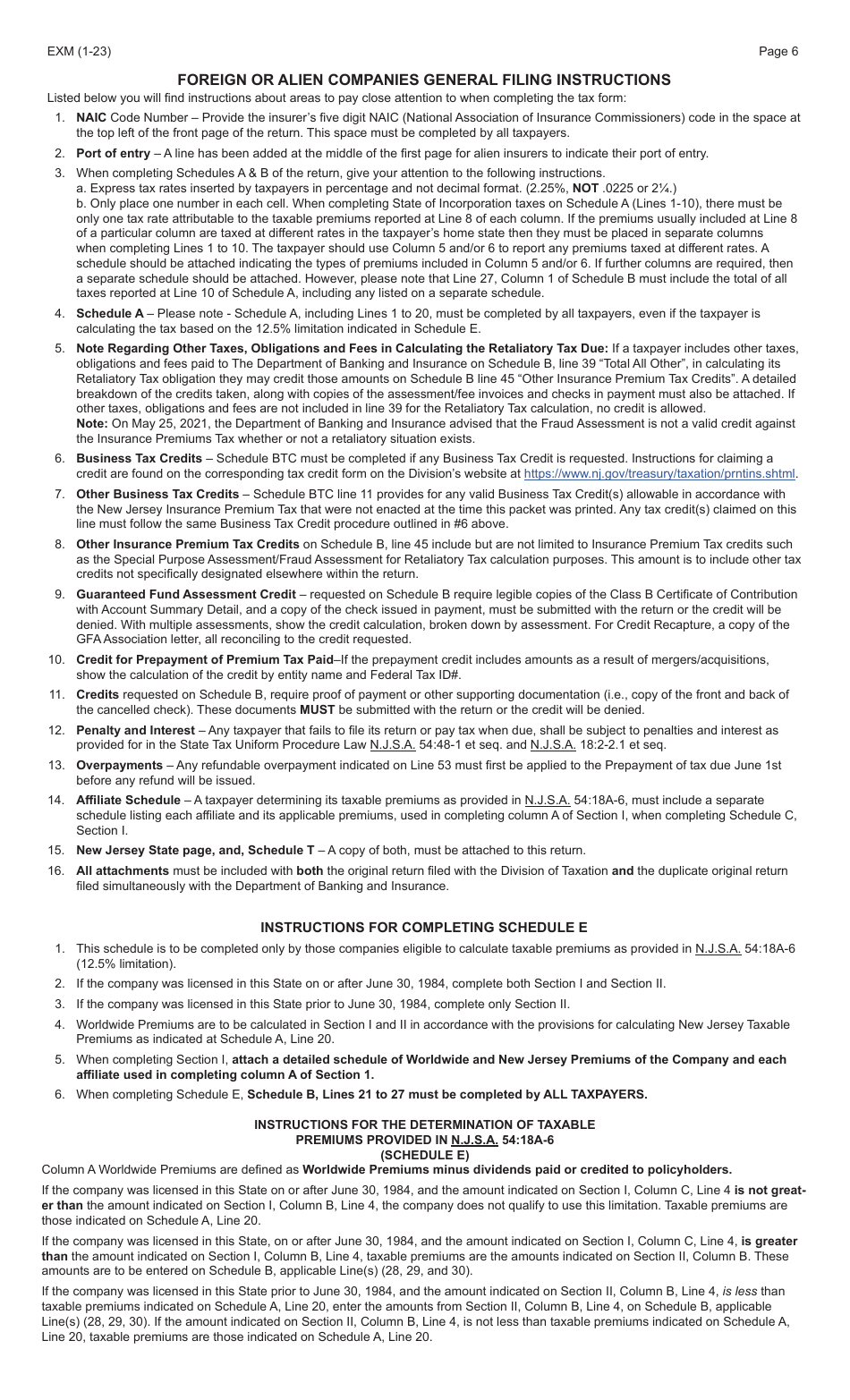 Form EXM Foreign or Alien Companies Insurance Premiums Tax Return - New Jersey, Page 6