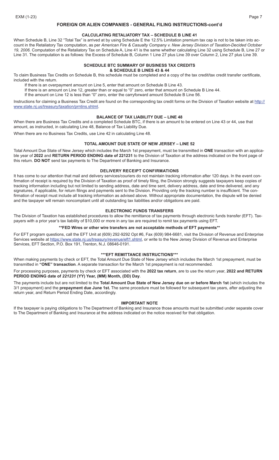 Form EXM Foreign or Alien Companies Insurance Premiums Tax Return - New Jersey, Page 7