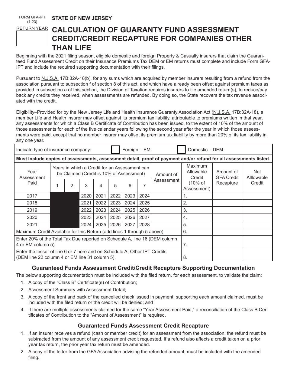 Form GFA-IPT Calculation of Guaranty Fund Assessment Credit / Credit Recapture for Companies Other Than Life - New Jersey, Page 1