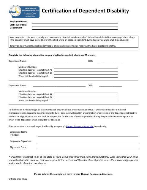 Form CFN552-0793 Certification of Dependent Disability - Iowa