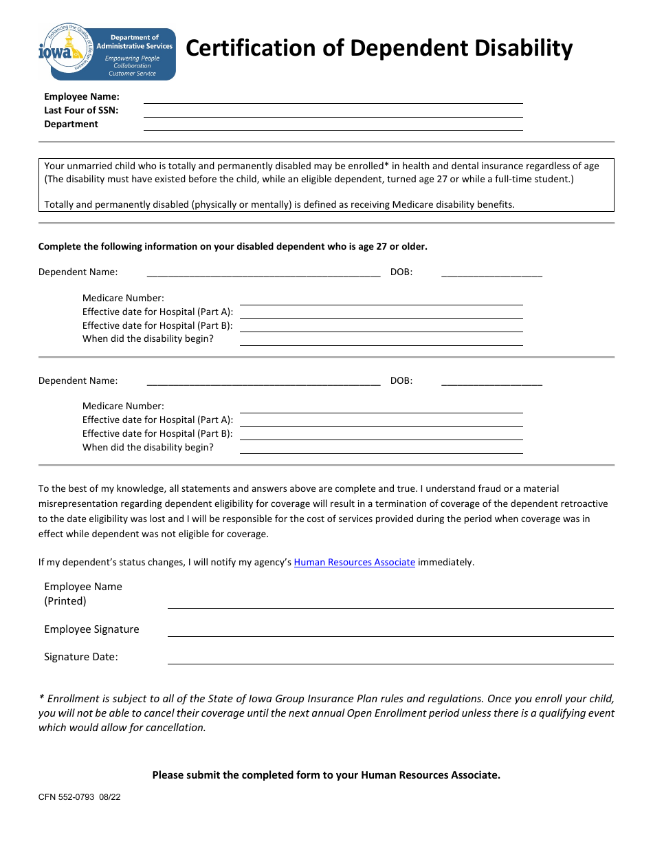 Form CFN552-0793 Certification of Dependent Disability - Iowa, Page 1