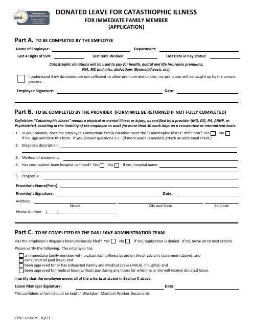 Form CFN552-0639 Donated Leave for Catastrophic Illness Immediate Family Member Application - Iowa