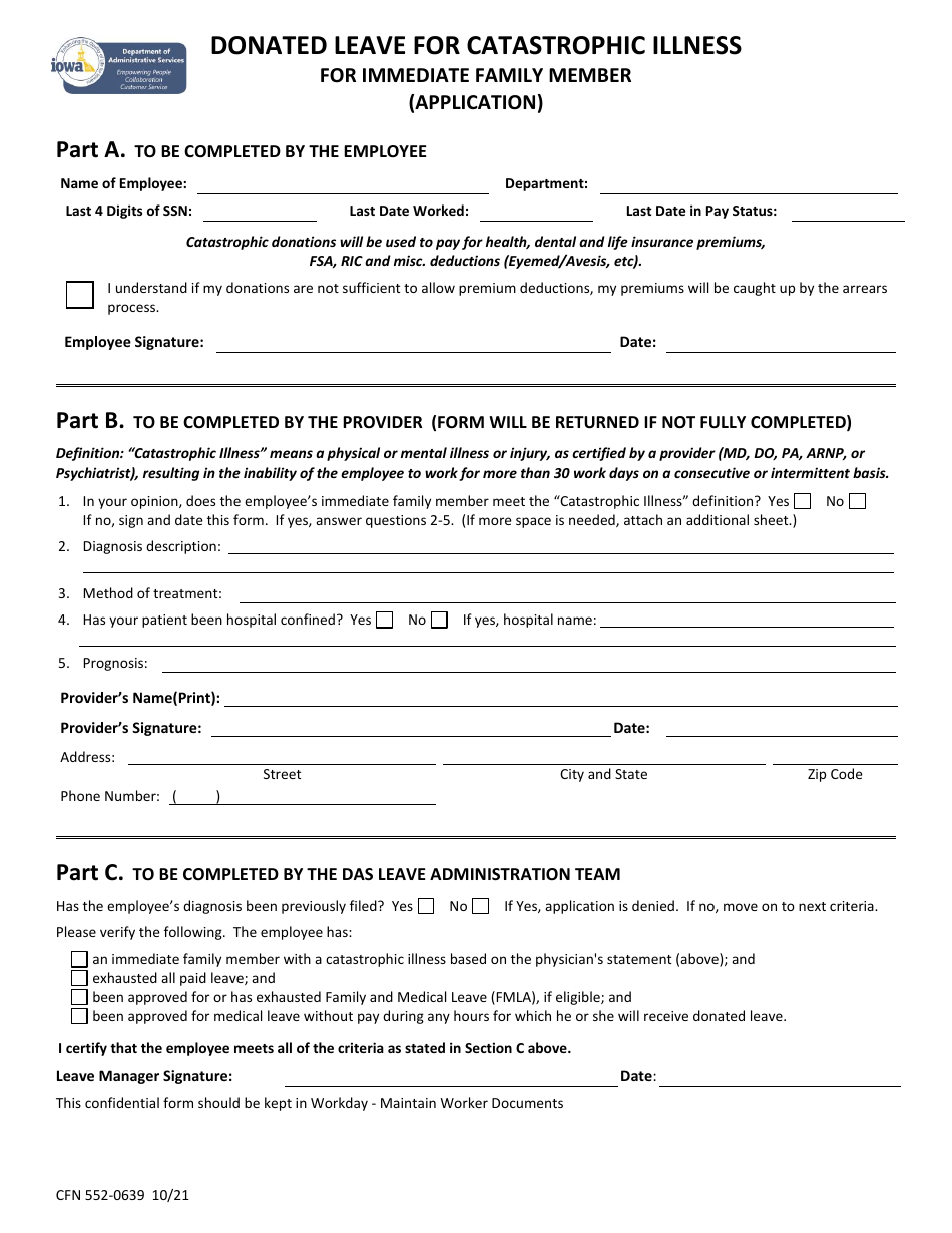 Form CFN552-0639 Donated Leave for Catastrophic Illness Immediate Family Member Application - Iowa, Page 1