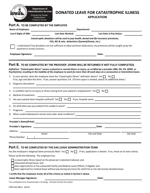Form CFN552-0611 Donated Leave for Catastrophic Illness Application - Iowa