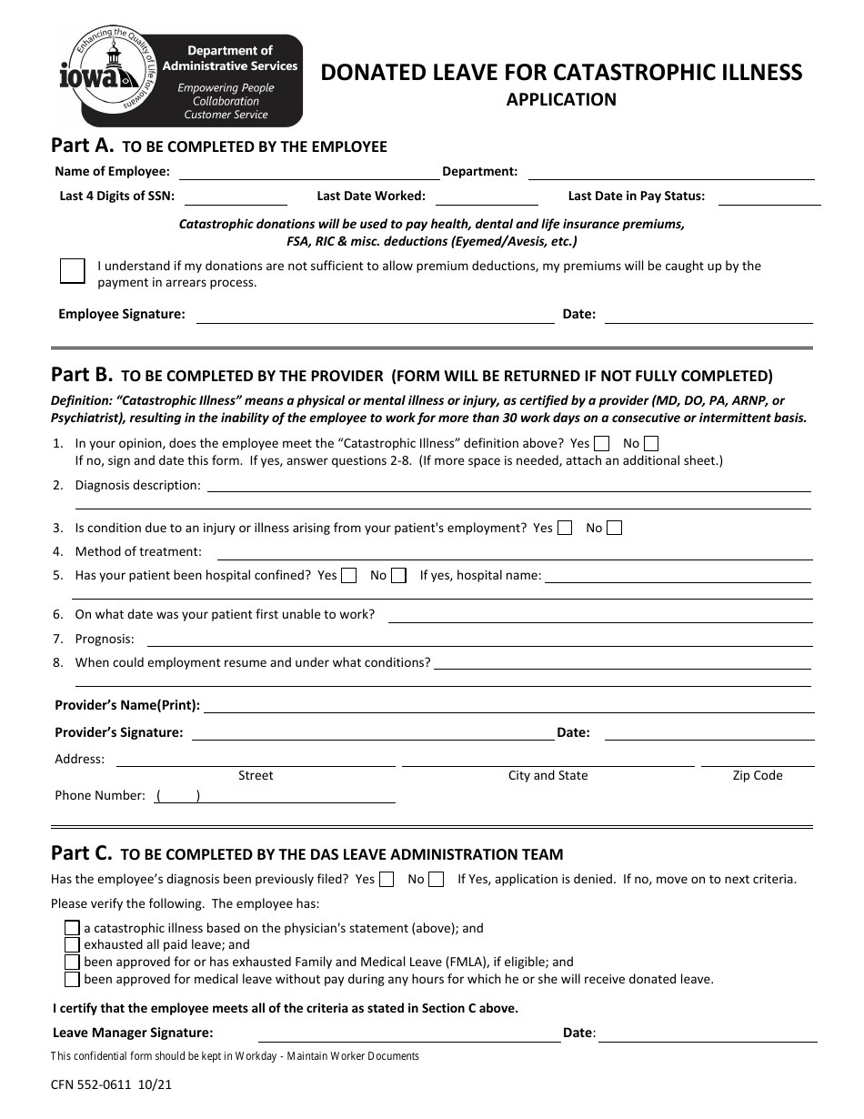 Form CFN552-0611 Donated Leave for Catastrophic Illness Application - Iowa, Page 1
