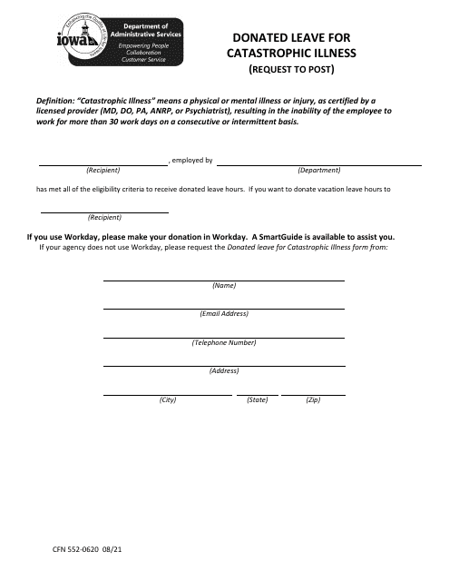Form CFN552-0620 Donated Leave for Catastrophic Illness (Request to Post) - Iowa
