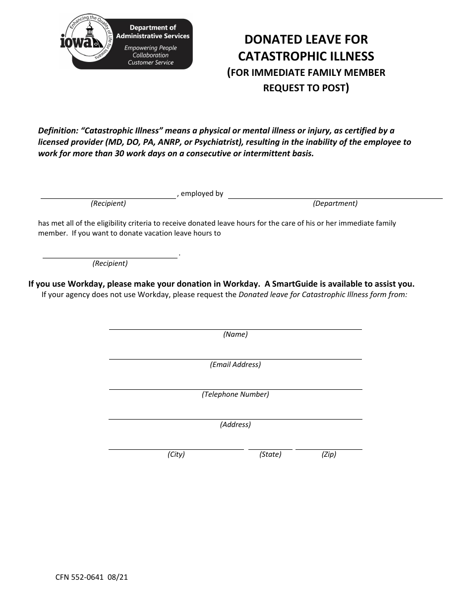 Form CFN552-0641 Donated Leave for Catastrophic Illness (For Immediate Family Member Request to Post) - Iowa, Page 1