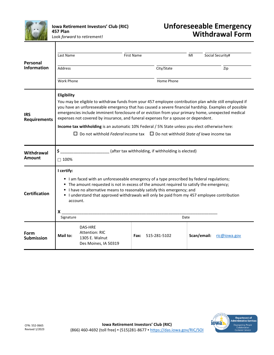 Form CFN:552-0665 Unforeseeable Emergency Withdrawal Form - Iowa Retirement Investors Club (Ric) 457 Plan - Iowa, Page 1