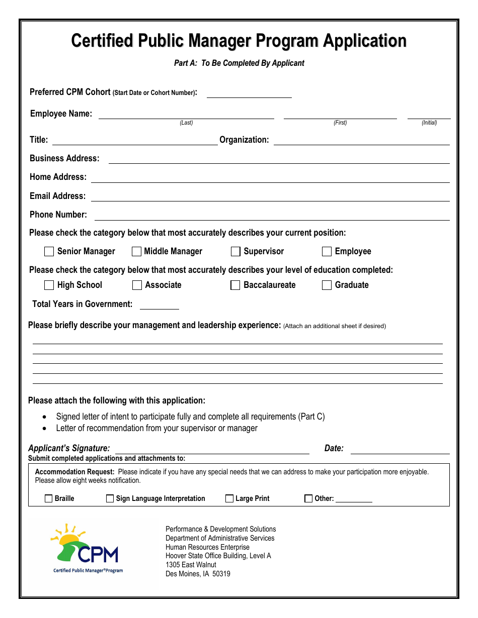 Certified Public Manager Program Application - Iowa, Page 1