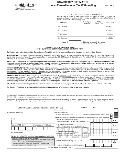 Form DQ-1 Quarterly Estimated Local Earned Income Tax Withholding - Pennsylvania, 2023