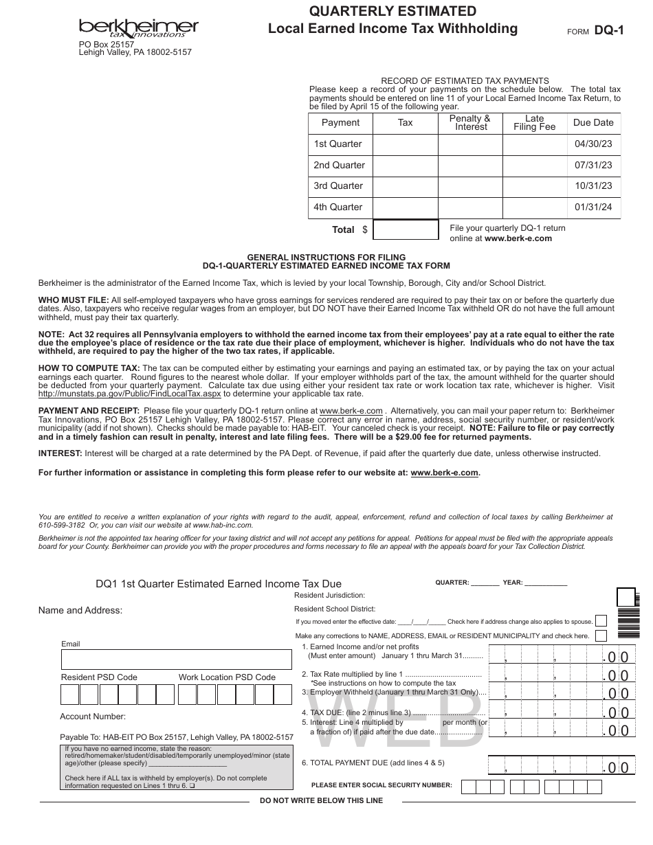 Form DQ-1 Quarterly Estimated Local Earned Income Tax Withholding - Pennsylvania, Page 1