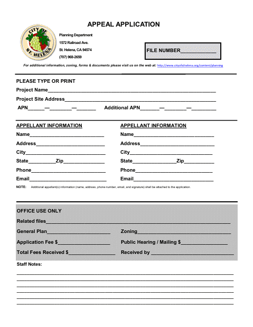 Appeal Application - City of St. Helena, California Download Pdf