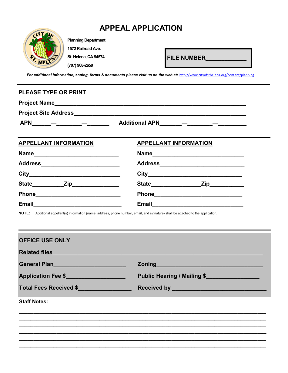 Appeal Application - City of St. Helena, California, Page 1