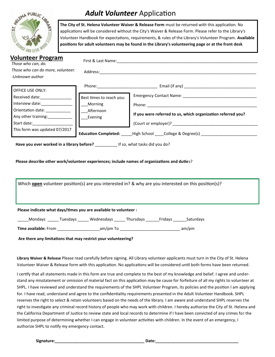 Adult Volunteer Application - City of St. Helena, California, Page 1