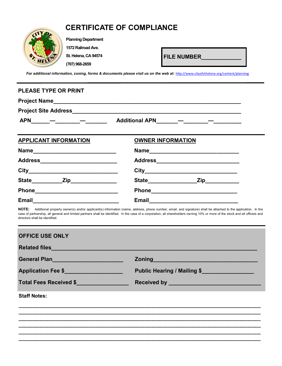Certificate of Compliance - City of St. Helena, California, Page 1