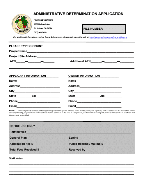 Administrative Determination Application - City of St. Helena, California