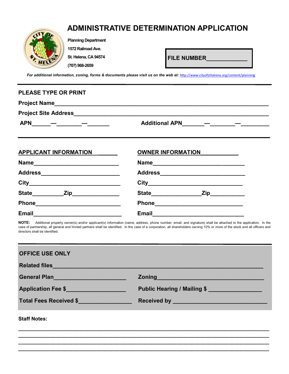 Administrative Determination Application - City of St. Helena, California, Page 1