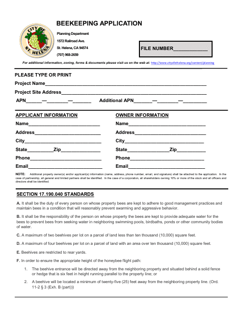 Beekeeping Application - City of St. Helena, California Download Pdf
