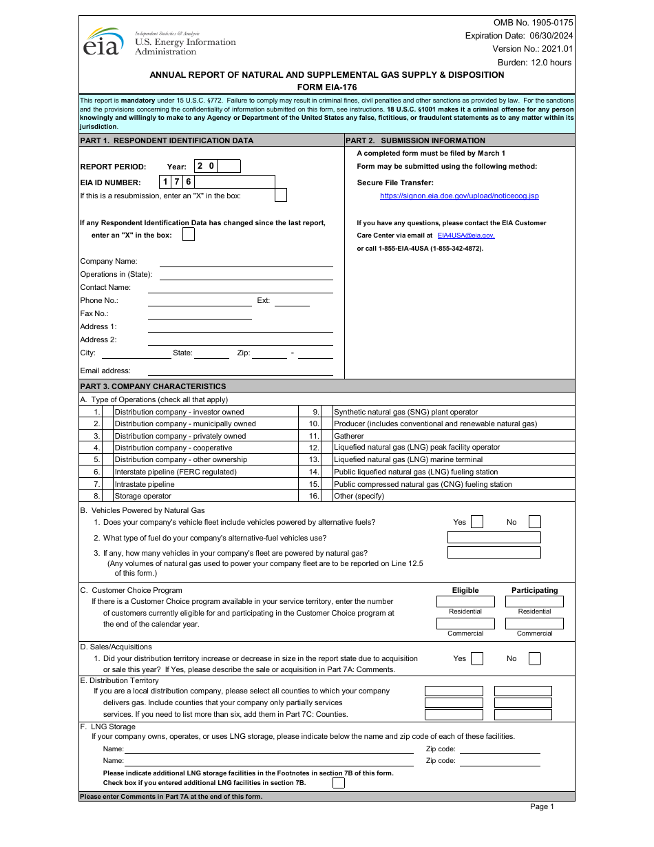 Form EIA-176 Annual Report of Natural and Supplemental Gas Supply  Disposition, Page 1