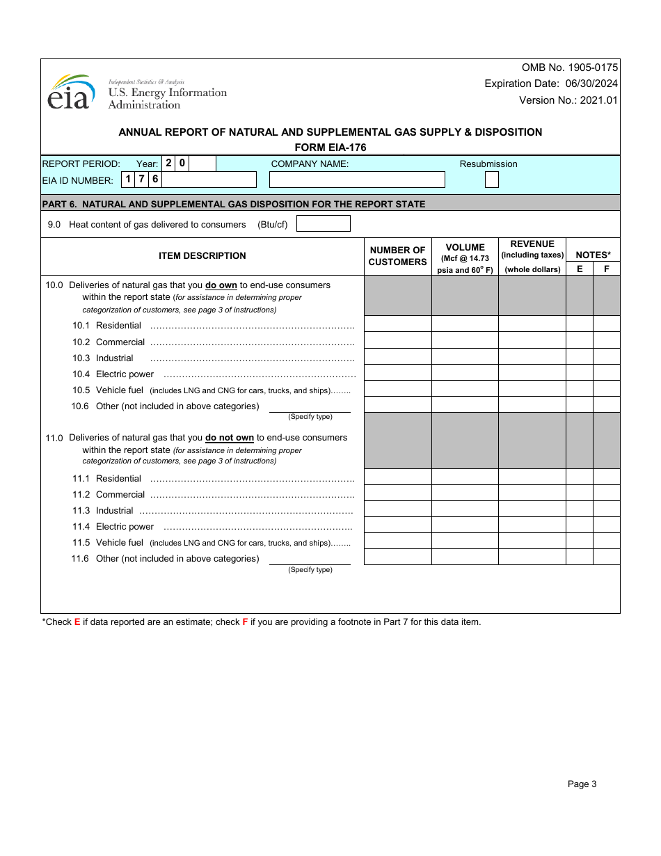 Form EIA-176 Annual Report of Natural and Supplemental Gas Supply  Disposition, Page 3