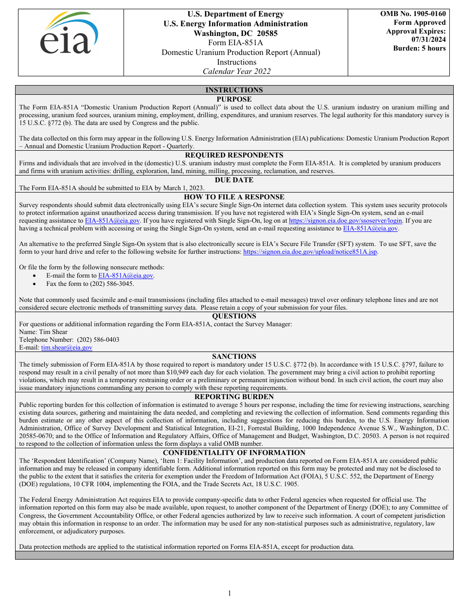 Instructions for Form EIA-851A Domestic Uranium Production Report (Annual), Page 1