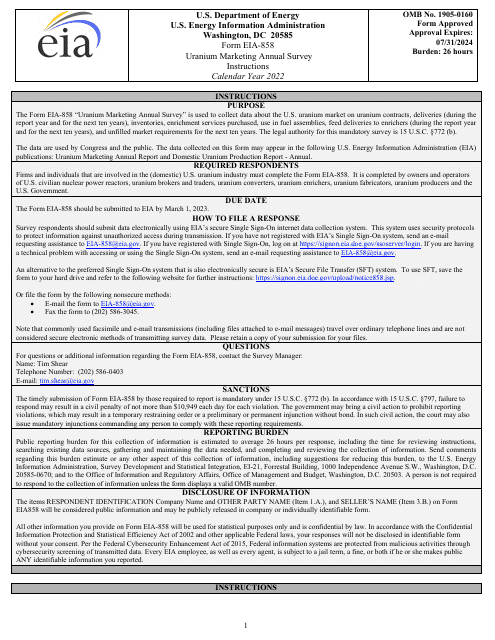 Instructions for Form EIA-858 Uranium Marketing Annual Survey, 2022