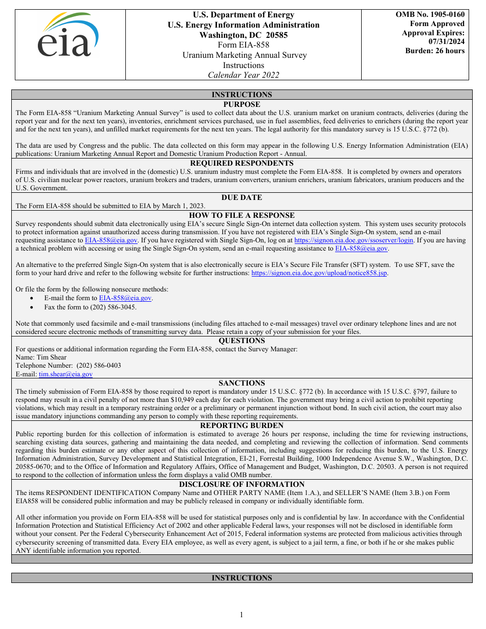 Instructions for Form EIA-858 Uranium Marketing Annual Survey, Page 1